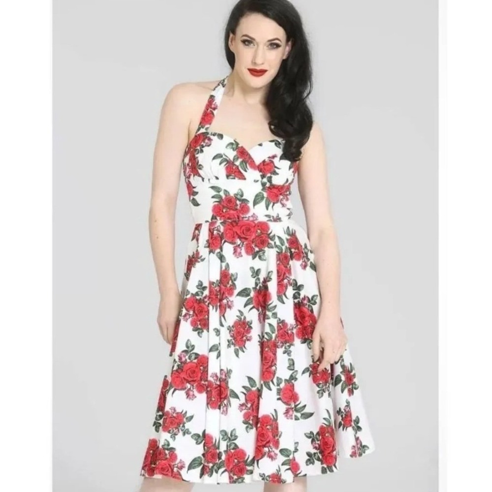 Hell Bunny Vixen Red Rose Cotton Halter Swing Dress SZ 2XL Pinup Girl Rockabilly